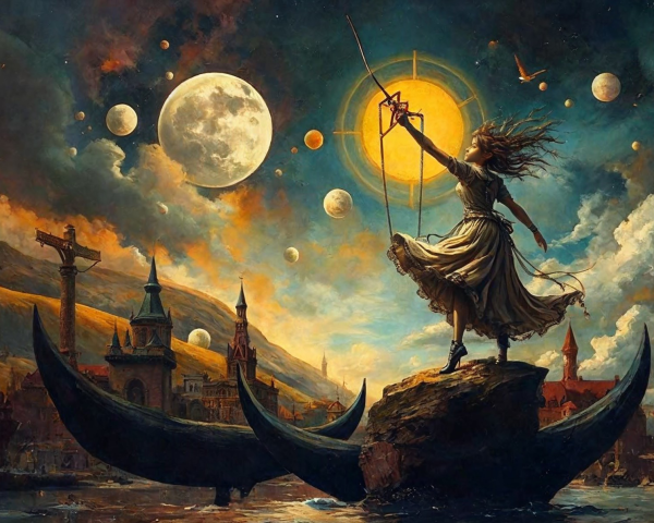 Woman on Rocky Outcrop in Surreal Landscape
