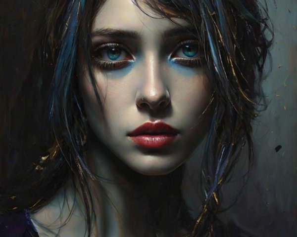 Portrait of a Young Woman with Blue Eyes and Dark Hair