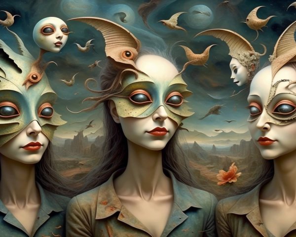Surreal Figures with Animal Masks in Dreamlike Landscape