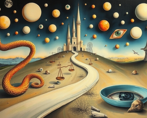 Surreal Landscape with Castle, Celestial Bodies, and Snake