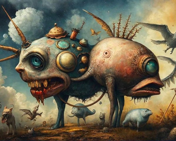 Surreal Scene with Fantastical Creature and Landscape