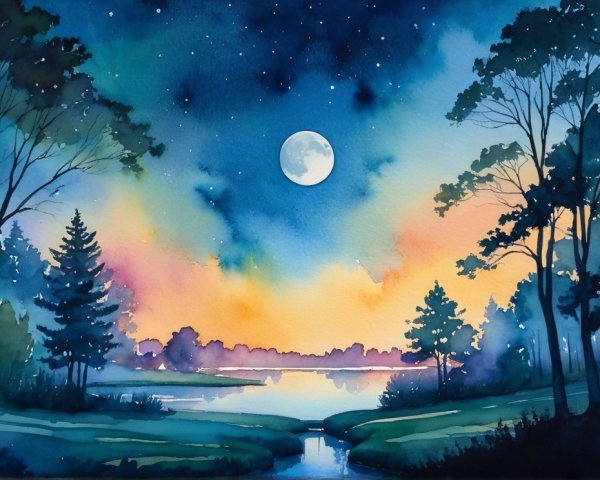 Serene Dusk Landscape in Soft Watercolor Hues