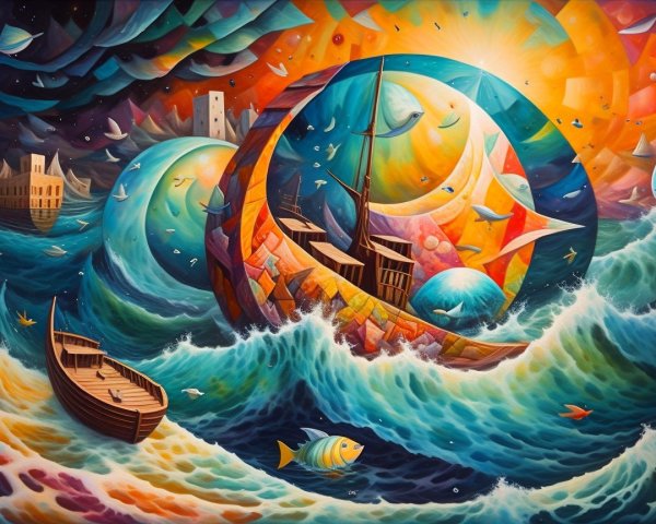 Surreal Seascape with Colorful Ship and Abstract Elements