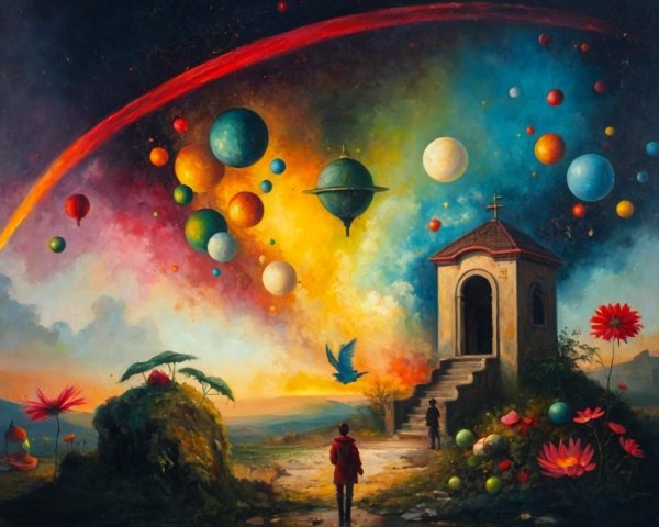 Surreal Landscape with Celestial Bodies and Chapel