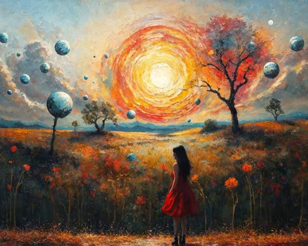 Young girl in red dress in surreal sunlit field