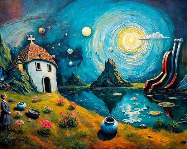 Surreal Landscape with Whimsical House and Cosmos