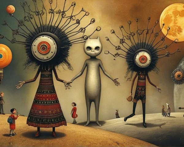 Stylized Figures with Mechanical Flower Headpieces
