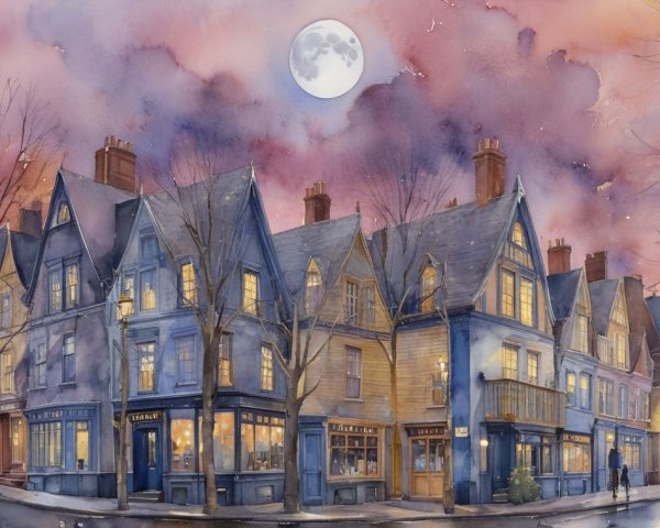 Charming Street Scene with Cozy Houses at Dusk