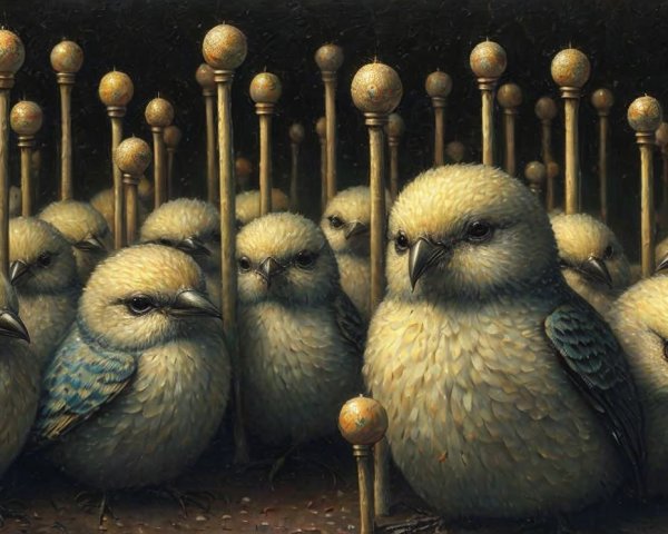 Fluffy Pale Birds Surrounded by Upright Poles