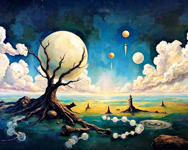 Surreal Digital Painting of Tree and Moonlit Landscape