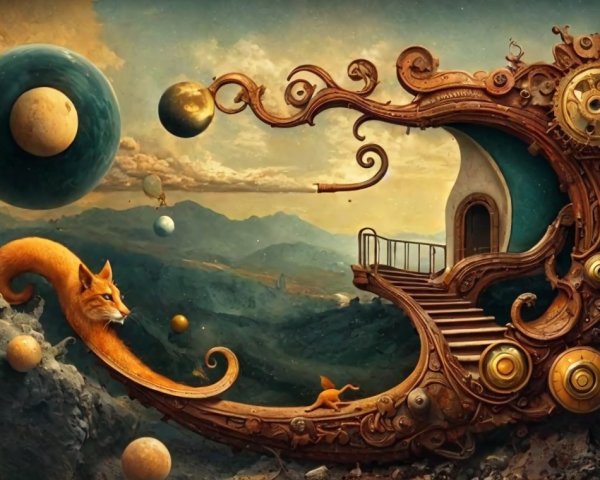 Whimsical Landscape with Surreal House and Fox