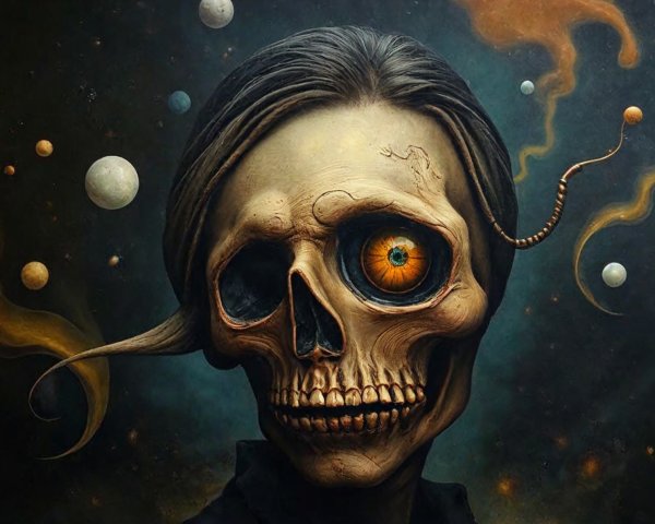 Skull-Faced Figure with Cosmic Elements and Smoke