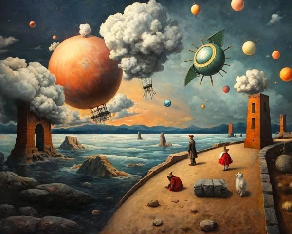 Surreal Landscape with Brick Structures and Planets