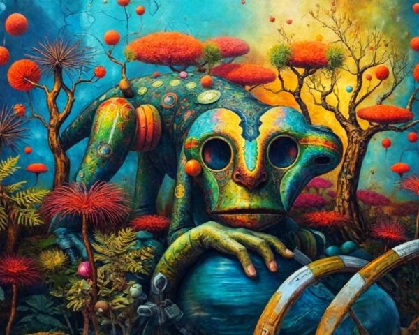 Surreal Landscape with Anthropomorphic Frog and Plants