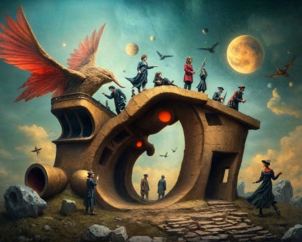 Surreal Landscape with Giant Glasses and Vintage Figures