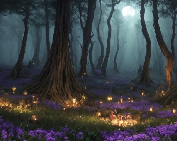 Mystical forest with moonlit trees and glowing lanterns