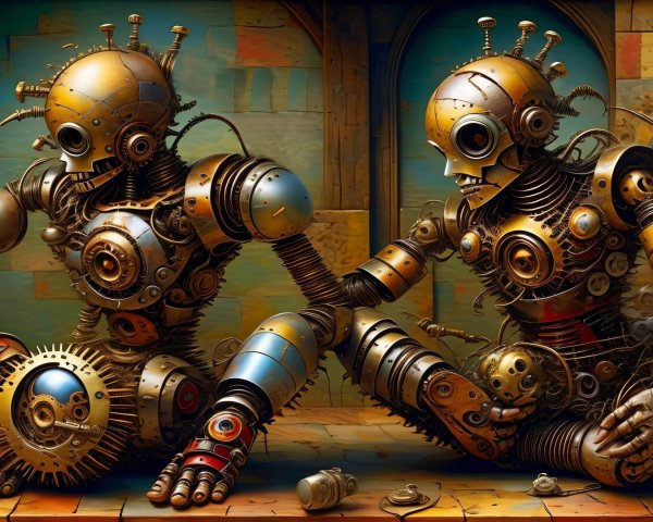 Intricately Designed Robots in a Steampunk Workshop