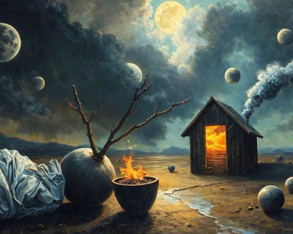 Surreal Landscape with Cabin and Dramatic Sky