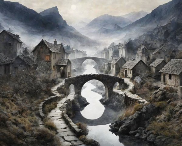 Misty Landscape with Village and Ancient Stone Bridge