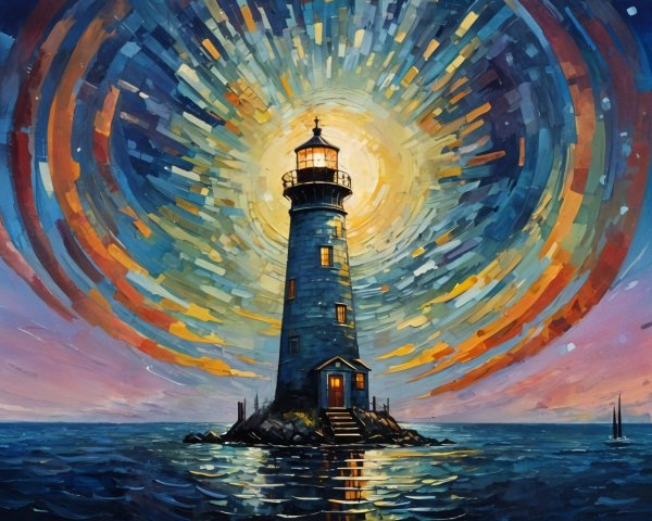 Lighthouse on Rocky Isle at Sunset Over Ocean