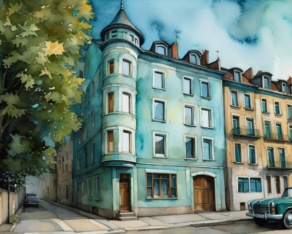 Vintage Street Scene with Teal Building and Car