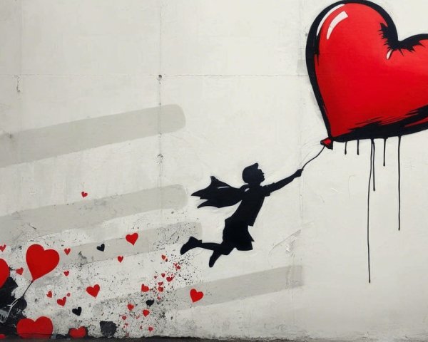 Street art mural of a child with a red balloon