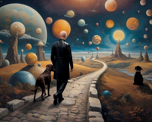 Surreal Landscape with Figure and Dogs on Path