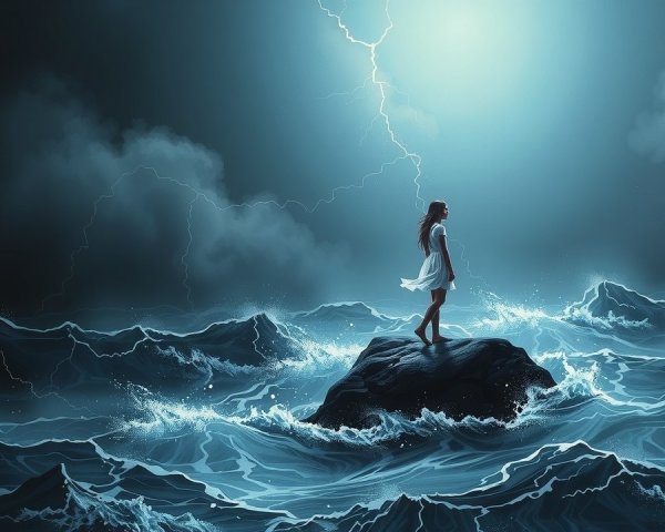 Solitary Figure on Rocky Outcrop in Stormy Sea