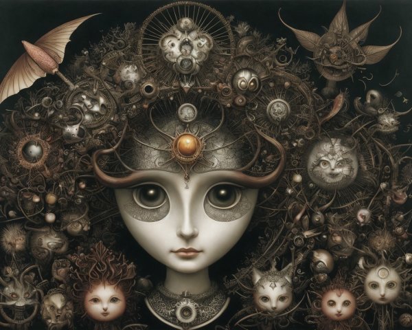 Surreal Artwork with Enigmatic Face and Creatures
