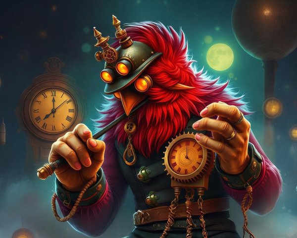 Fantastical Character with Red Feathers and Steampunk Elements