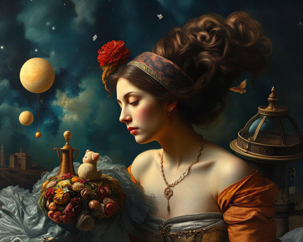 Woman with Flowing Hair and Ethereal Background Elements