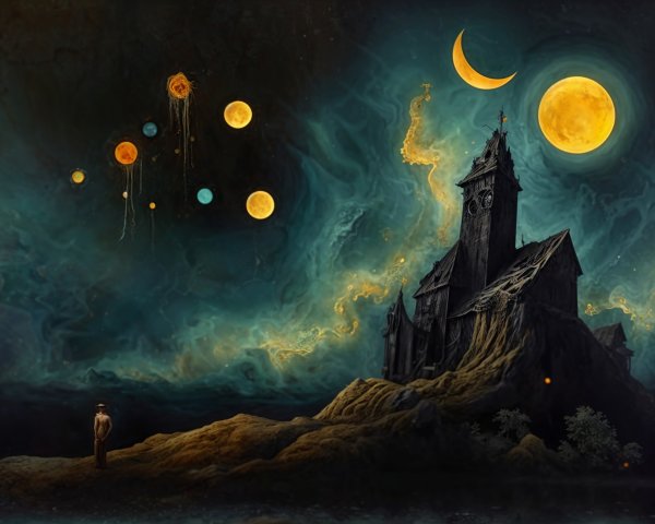 Gothic Mansion Amid Cosmic Clouds and Celestial Bodies