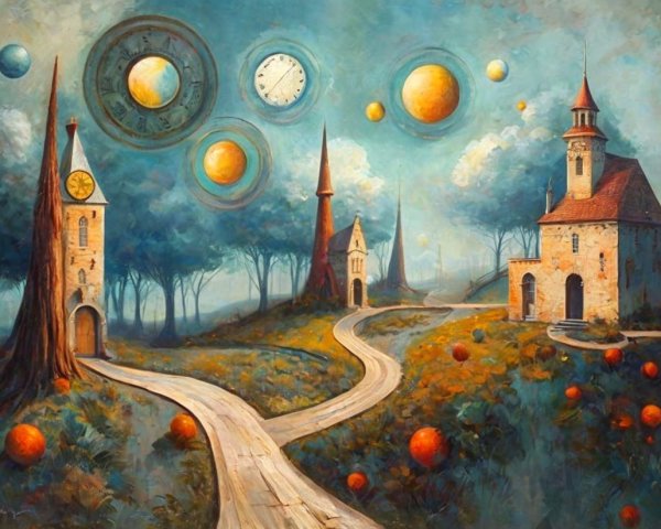 Surreal Landscape with Whimsical Towers and Clocks