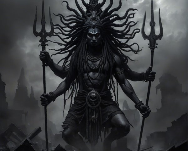 Majestic Deity Figure with Multiple Arms and Tridents