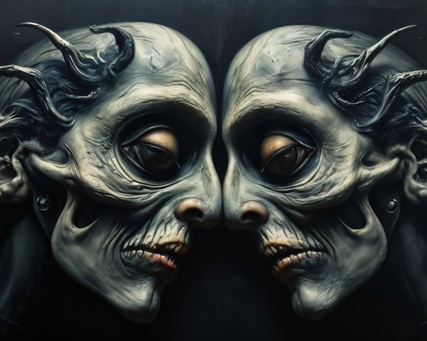 Grotesque Faces with Elongated Features and Horns