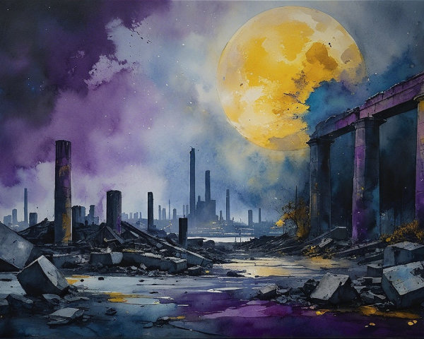 Surreal Moonlit Ruins in a Post-Apocalyptic Landscape