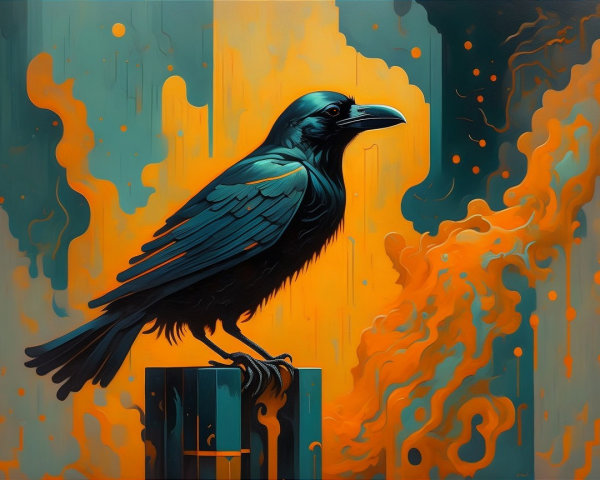 Stylized black raven on a colorful pedestal background