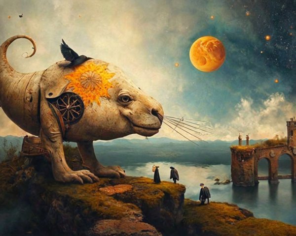 Surreal Landscape with Mechanical Creature and Figures