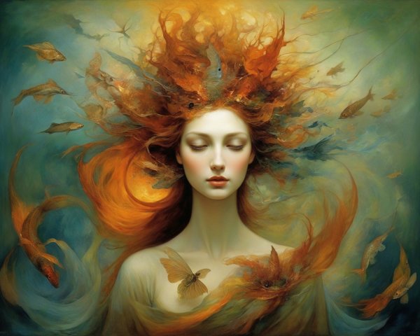 Serene Woman with Orange Hair in Aquatic Landscape