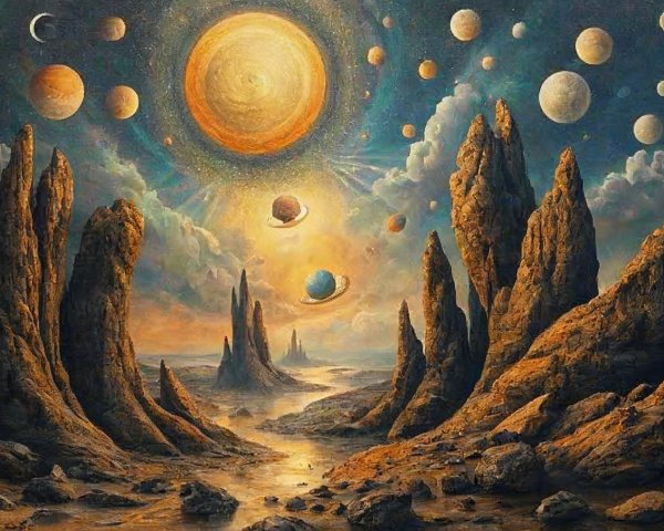 Cosmic Landscape with Rocky Formations and River