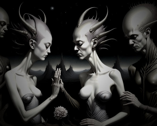 Surreal Scene with Humanoid Figures in Dark Landscape