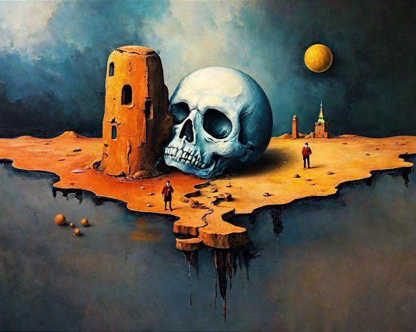 Surrealist depiction of a floating desert island scene