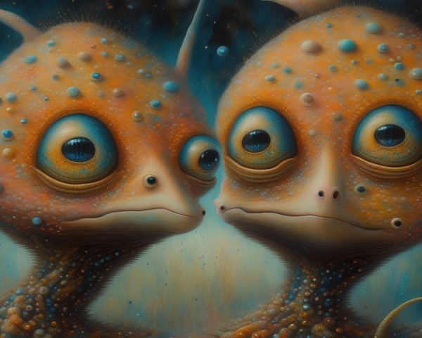 Whimsical Orange Creatures in a Cosmic Background