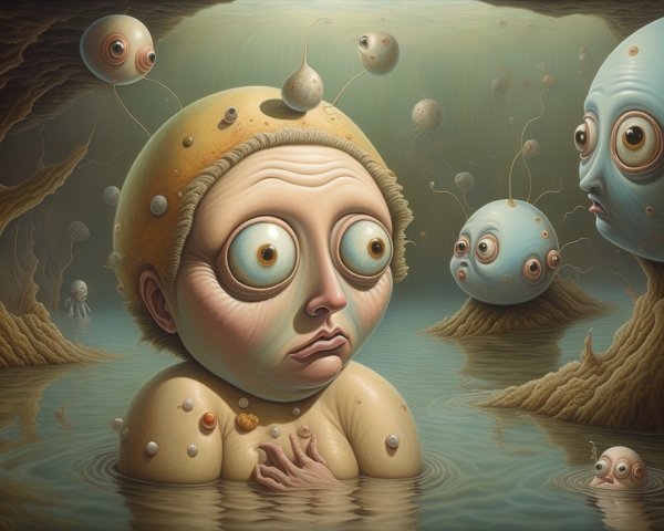 Surreal Landscape with Childlike Figure and Creatures