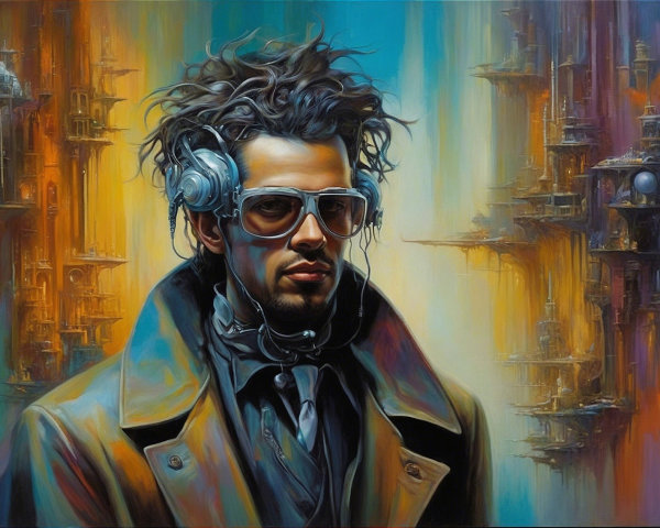 Stylized portrait of a man in futuristic attire