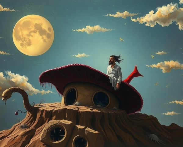 Surreal Landscape with Giant Mushroom and Full Moon