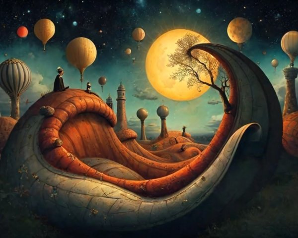 Surreal Landscape with Shell Structure and Hot Air Balloons