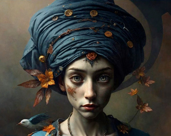 Young woman in blue headwrap with floral accents