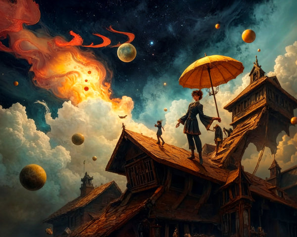 Whimsical Scene with Figure and Cosmic Backdrop