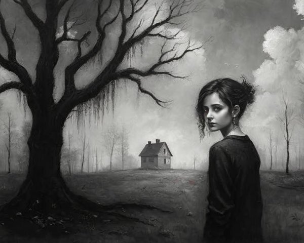 Grayscale Scene of a Girl in a Desolate Landscape